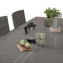 Matgrupp Venture Home Aleyna 224/324 med 6 Milwa StolarGrå Bord med Vita Ben, Grå Stol med Grå Dyna