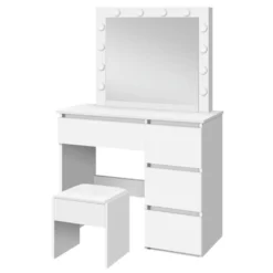Sminkbord Lykke Amelia Vit med Spegel, Belysning Pall & Lådor